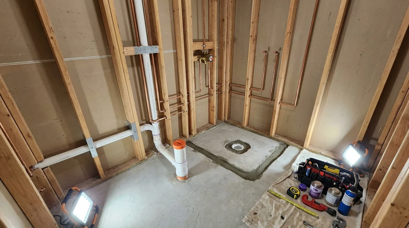 Bathroom rough-in plumbing during remodel by Johns Plumbing LLC in Coral Springs