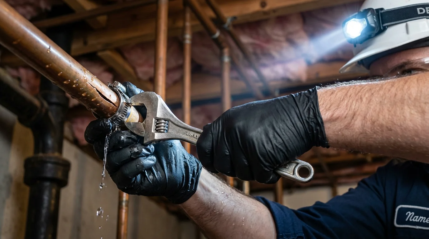 Emergency pipe clamp repair being performed by a Johns Plumbing LLC plumber in Coral Springs
