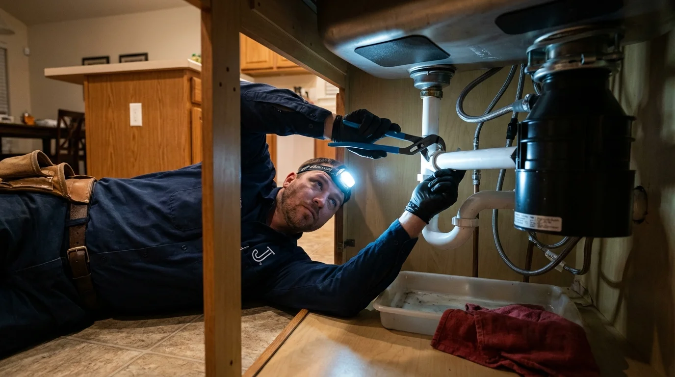 P-trap and supply line connections under a kitchen sink showing a common leak point in Coral Springs, FL